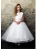 Pearls Neck White Satin Glitter Tulle Flower Girl Dress